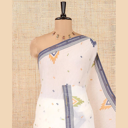 Pothys Cream Khadi Mul Cotton Saree Features Buttas, Contrast Temple Border, Jhamdani Floral-Bird Woven Pallu, and a Matching Blouse