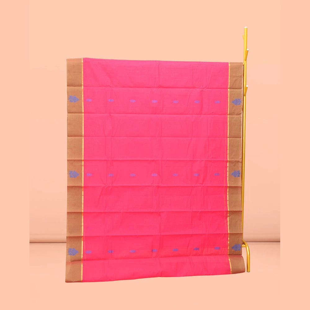 Pothys Pink Kanchi Cotton Saree, Detailed with Buttas All Over Its Body, Complemented by Contrast Border, Intricately Thread-Designed Pallu, and Paired with a Matching Blouse