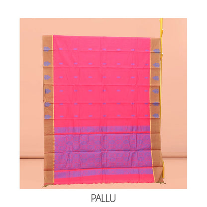 Pothys Pink Kanchi Cotton Saree, Detailed with Buttas All Over Its Body, Complemented by Contrast Border, Intricately Thread-Designed Pallu, and Paired with a Matching Blouse