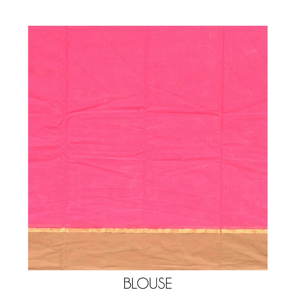 Pothys Pink Kanchi Cotton Saree, Detailed with Buttas All Over Its Body, Complemented by Contrast Border, Intricately Thread-Designed Pallu, and Paired with a Matching Blouse