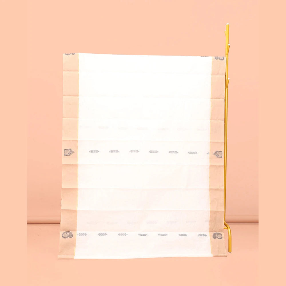Pothys White Kanchi Cotton Saree, Crafted with Buttas All Over Its Body, a Complemented by Contrast Temple Border, Pallu of Tree Designs, and Paired with a Matching Blouse