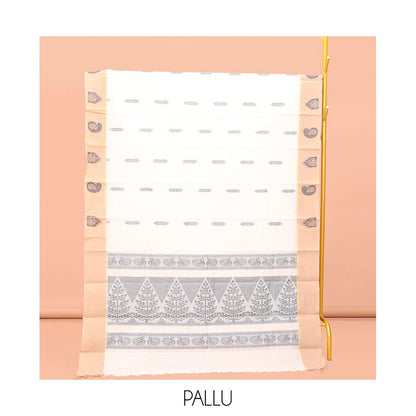 Pothys White Kanchi Cotton Saree, Crafted with Buttas All Over Its Body, a Complemented by Contrast Temple Border, Pallu of Tree Designs, and Paired with a Matching Blouse