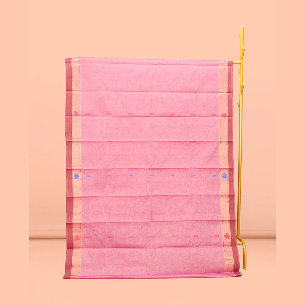 Pothys Pink Kanchi Cotton Saree, Adorned with Buttas All Over Its Body, a Complemented by Contrast Border, Pallu of Intricate Designs, and Paired with a Matching Blouse