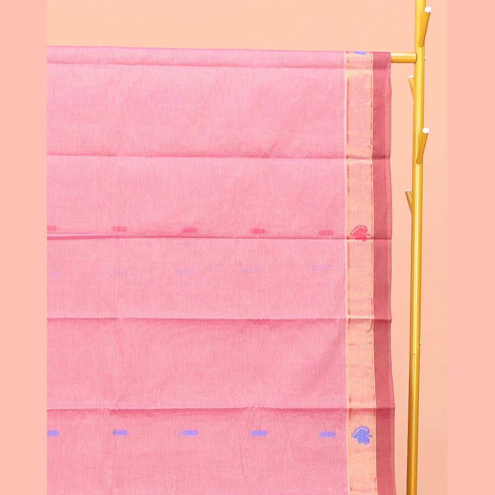 Pothys Pink Kanchi Cotton Saree, Adorned with Buttas All Over Its Body, a Complemented by Contrast Border, Pallu of Intricate Designs, and Paired with a Matching Blouse