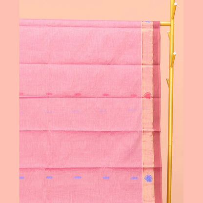 Pothys Pink Kanchi Cotton Saree, Adorned with Buttas All Over Its Body, a Complemented by Contrast Border, Pallu of Intricate Designs, and Paired with a Matching Blouse