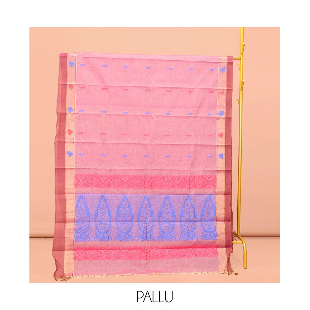 Pothys Pink Kanchi Cotton Saree, Adorned with Buttas All Over Its Body, a Complemented by Contrast Border, Pallu of Intricate Designs, and Paired with a Matching Blouse