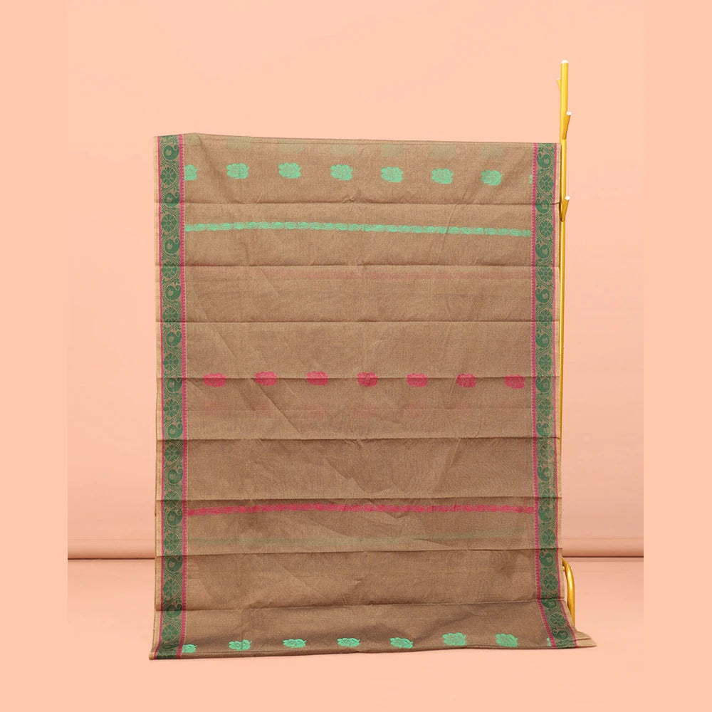 Pothys Brown Kanchi Cotton Saree, Adorned with Thread Buttas All Over Its Body, a Self-Border of Floral and Paisley Designs, Pallu of Intricate Designs, and Paired with a Matching Blouse