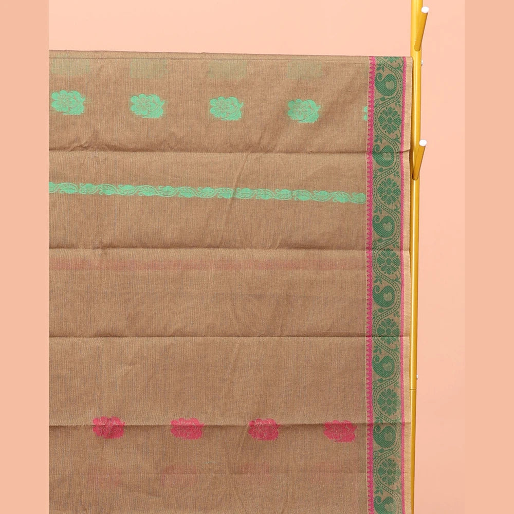 Pothys Brown Kanchi Cotton Saree, Adorned with Thread Buttas All Over Its Body, a Self-Border of Floral and Paisley Designs, Pallu of Intricate Designs, and Paired with a Matching Blouse