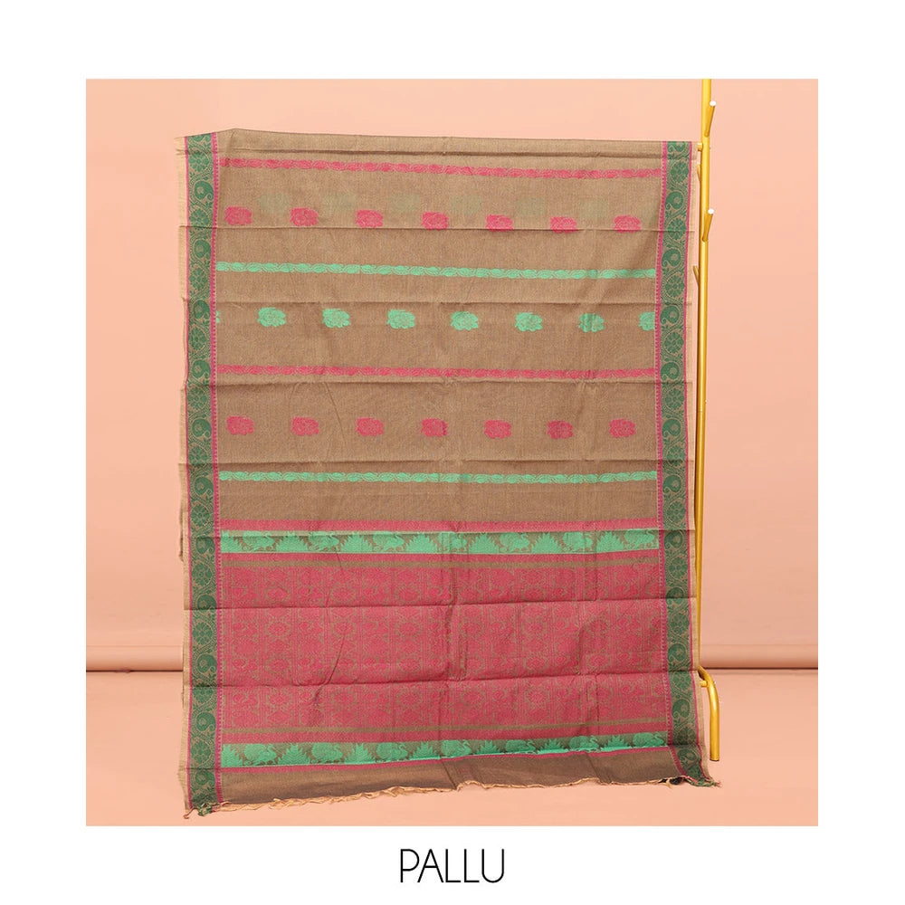 Pothys Brown Kanchi Cotton Saree, Adorned with Thread Buttas All Over Its Body, a Self-Border of Floral and Paisley Designs, Pallu of Intricate Designs, and Paired with a Matching Blouse