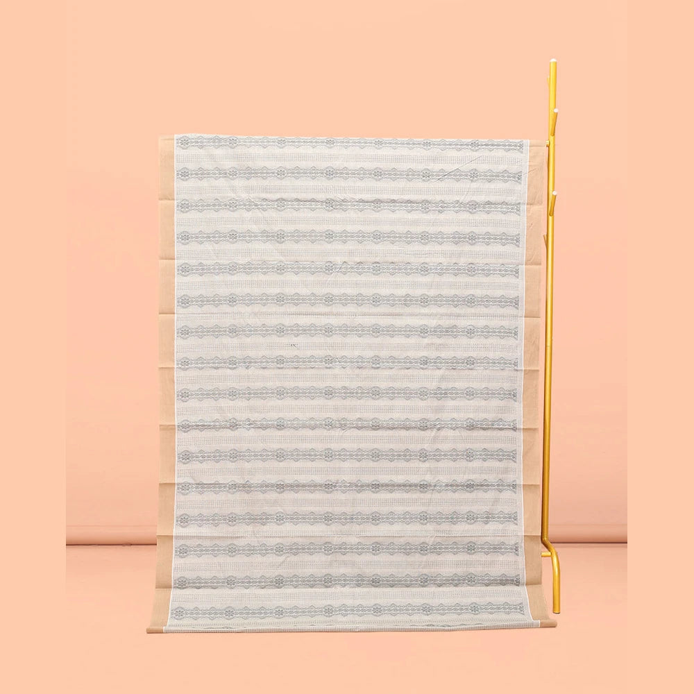 Pothys Off-white Kanchi Cotton Saree, Elevated with Geometric Patterns All Over Its Body, Complemented by Contrast Border, Intricately Designed Pallu, and Paired with a Matching Blouse