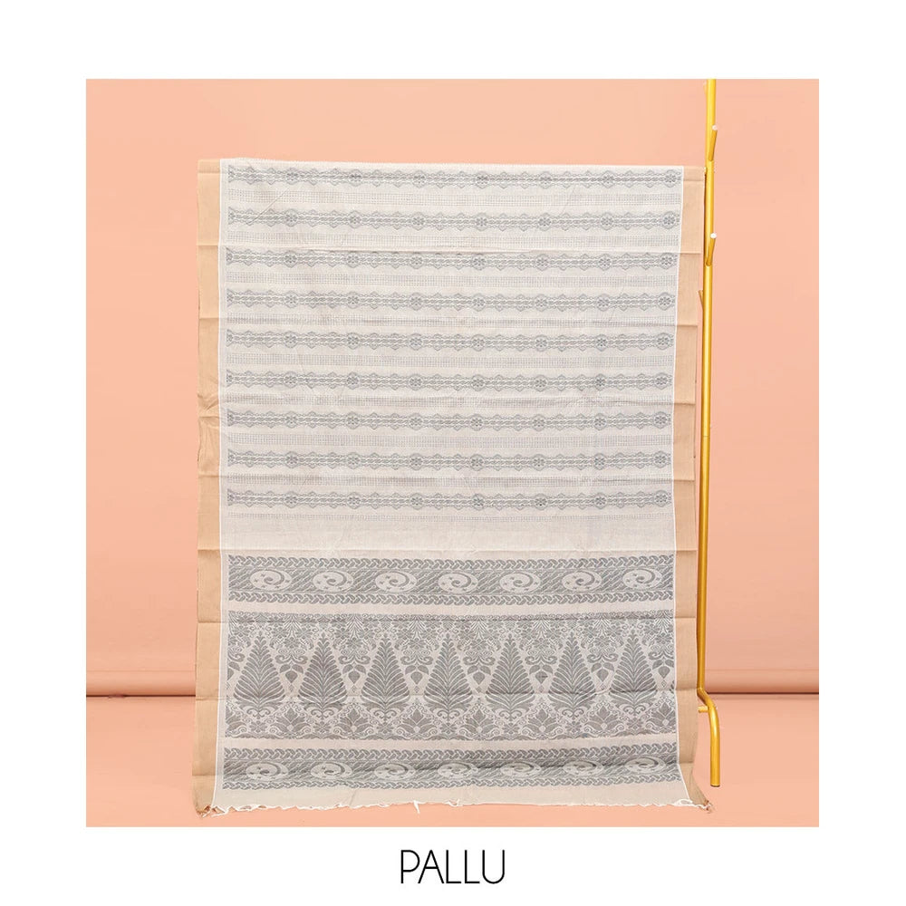 Pothys Off-white Kanchi Cotton Saree, Elevated with Geometric Patterns All Over Its Body, Complemented by Contrast Border, Intricately Designed Pallu, and Paired with a Matching Blouse