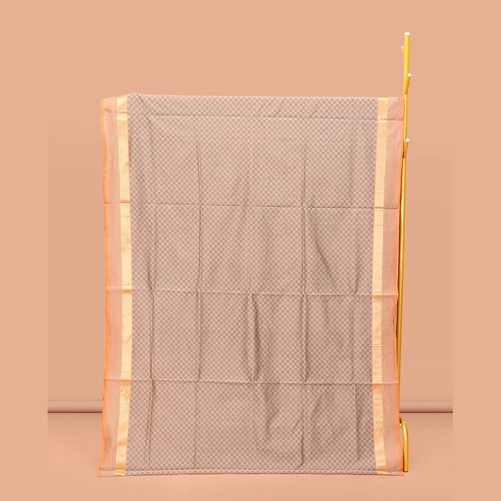 Pothys Brown Poly Cotton Saree, Bedecked with Checked Design on Its Body, Highlighted by a Traditional Zari Peacock-Eye Border, Complemented by Contrast Striped Pallu, and Paired with a Contrast Blouse