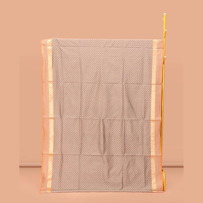 Pothys Brown Poly Cotton Saree, Bedecked with Checked Design on Its Body, Highlighted by a Traditional Zari Peacock-Eye Border, Complemented by Contrast Striped Pallu, and Paired with a Contrast Blouse