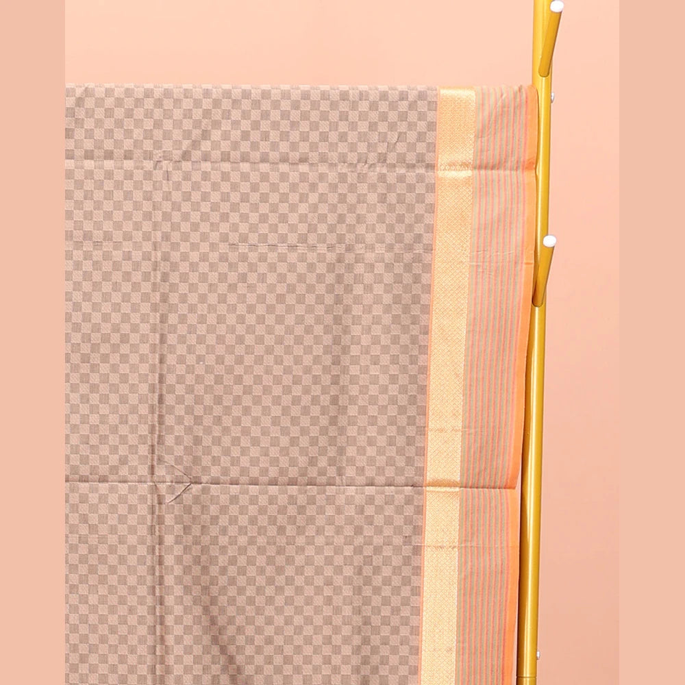 Pothys Brown Checked Polycotton Saree with Peacock-Eye Zari Border