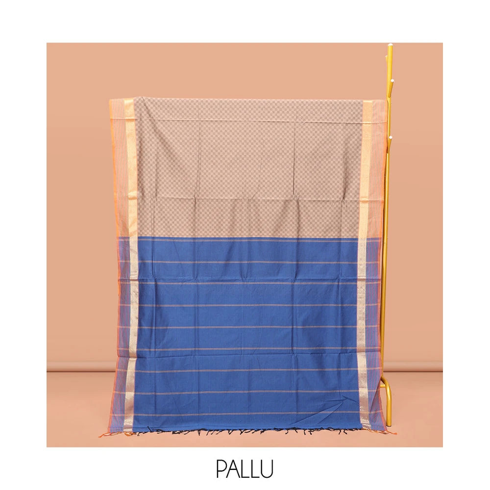 Pothys Brown Checked Polycotton Saree with Peacock-Eye Zari Border