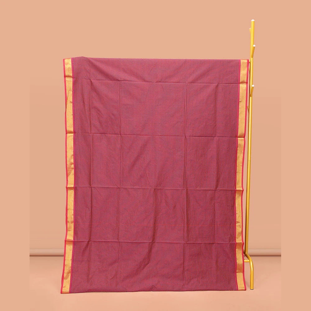 Pothys Multi-Color Poly Cotton Saree, Detailed with Micro-Checked Design on Its Body, Highlighted by a Self-Border, Striped Pallu, and Paired with a Contrast Blouse