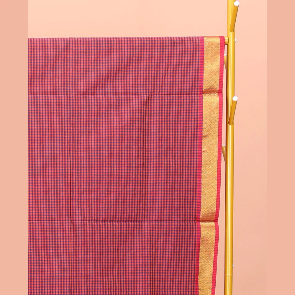 Pothys Multi-Color Poly Cotton Saree, Detailed with Micro-Checked Design on Its Body, Highlighted by a Self-Border, Striped Pallu, and Paired with a Contrast Blouse