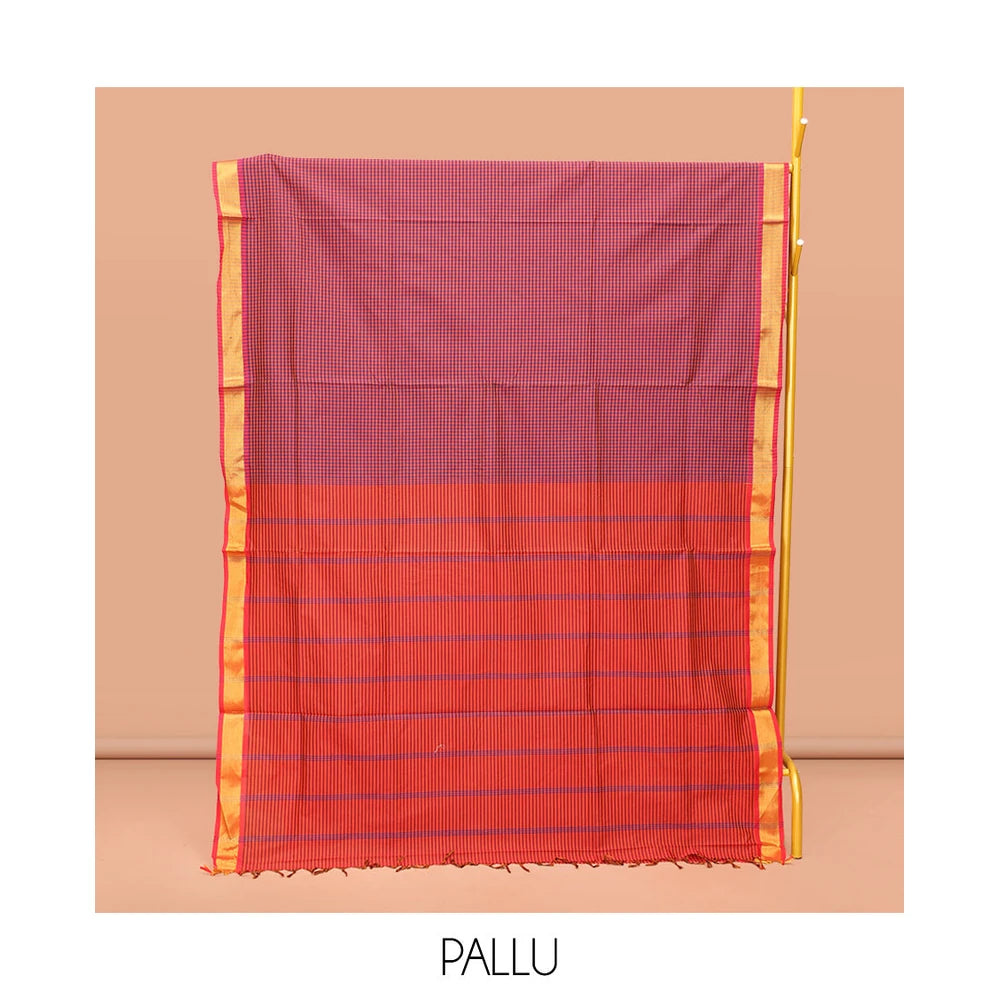 Pothys Multi-Color Poly Cotton Saree, Detailed with Micro-Checked Design on Its Body, Highlighted by a Self-Border, Striped Pallu, and Paired with a Contrast Blouse
