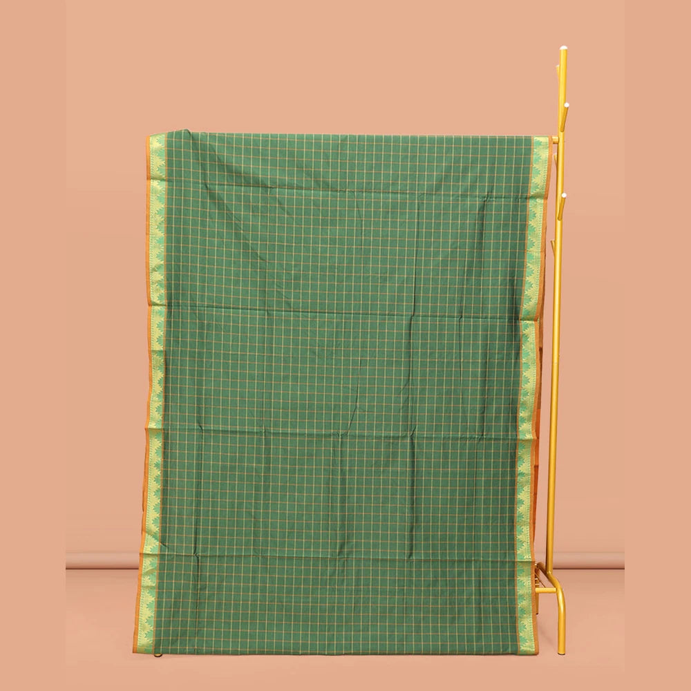 Pothys Green Poly Cotton Saree, Accentuated with Checked Design on Its Body, Highlighted by a Temple Border, Complemented by Contrast Striped Pallu, and Paired with a Contrast Blouse