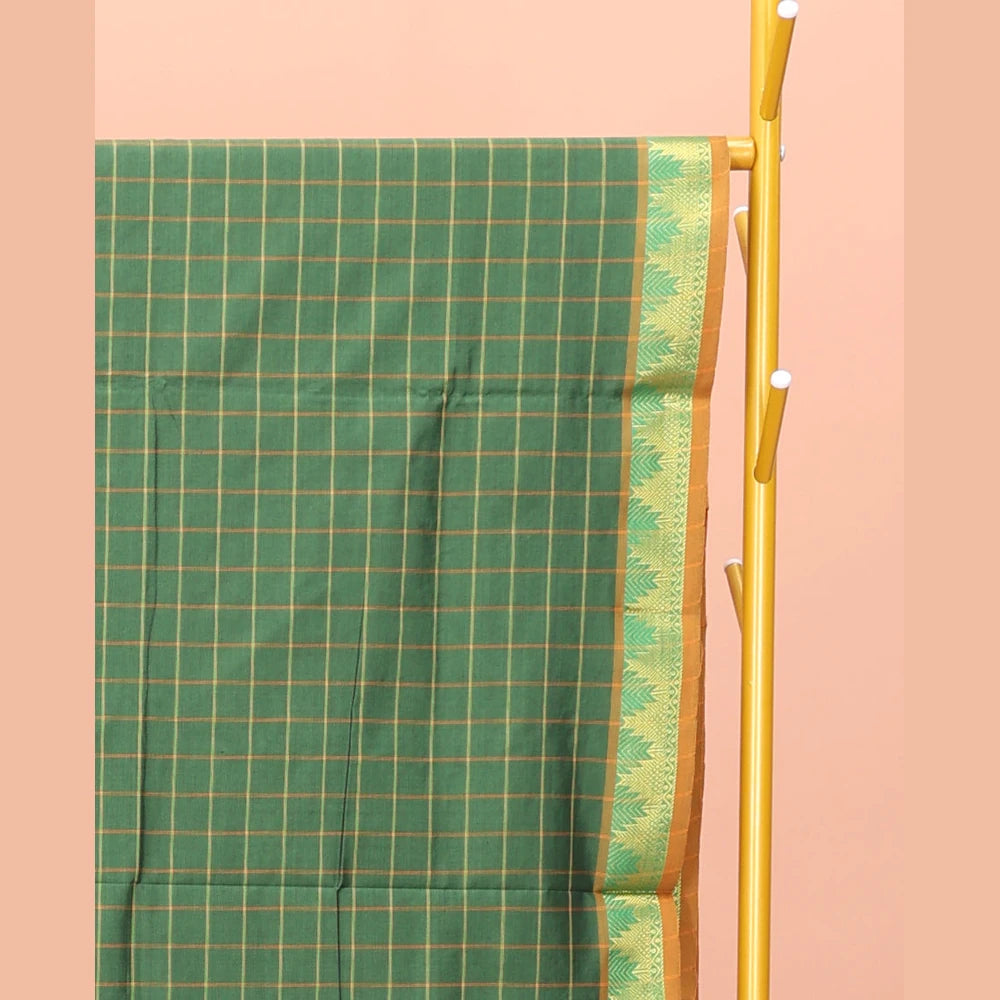 Pothys Green Poly Cotton Saree, Accentuated with Checked Design on Its Body, Highlighted by a Temple Border, Complemented by Contrast Striped Pallu, and Paired with a Contrast Blouse