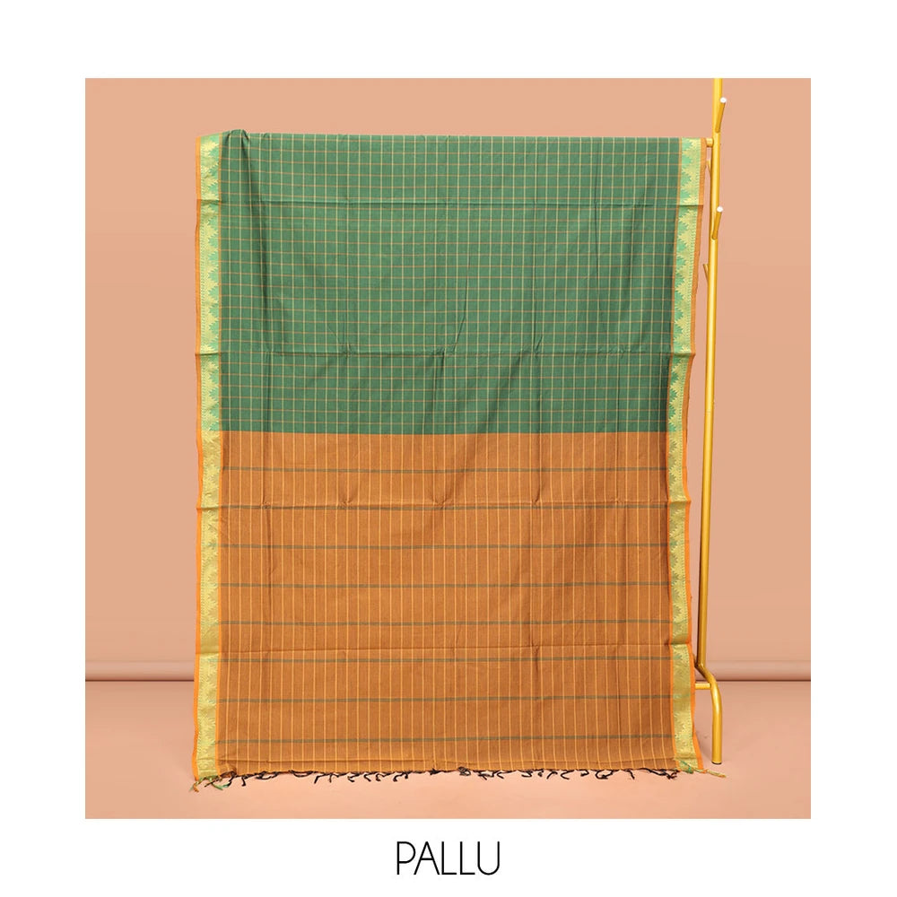 Pothys Green Poly Cotton Saree, Accentuated with Checked Design on Its Body, Highlighted by a Temple Border, Complemented by Contrast Striped Pallu, and Paired with a Contrast Blouse