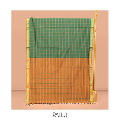 Pothys Green Poly Cotton Saree, Accentuated with Checked Design on Its Body, Highlighted by a Temple Border, Complemented by Contrast Striped Pallu, and Paired with a Contrast Blouse