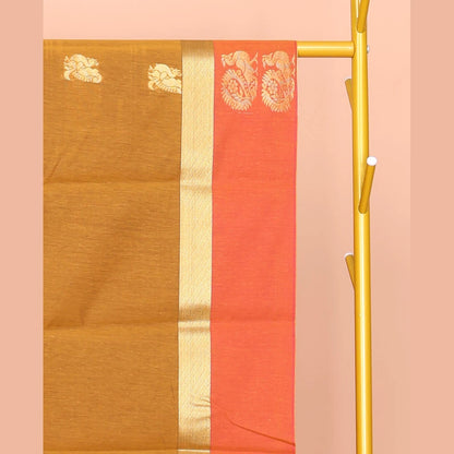 Pothys Mustard Semi-Silk Cotton Saree with Peacock Buttas