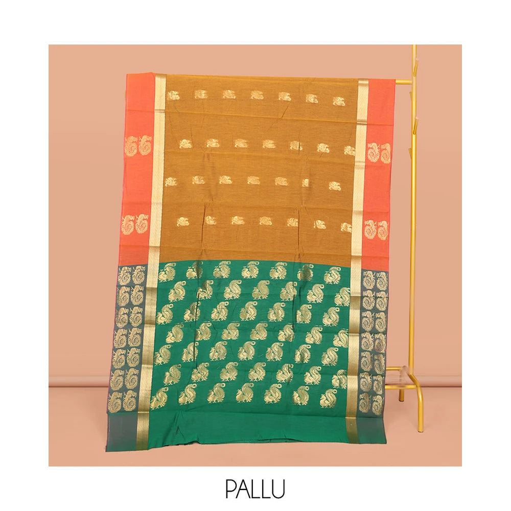 Pothys Mustard Semi-Silk Cotton Saree with Peacock Buttas