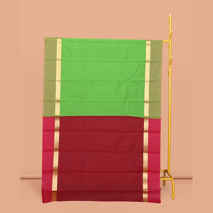 Pothys Green Semi-Silk Cotton Saree, Decked Up with Peacock Buttas All Over Its Body, Highlighted by a Zari Border, Pallu Artfully Woven with Peacock Designs, and Paired with a Contrast Blouse