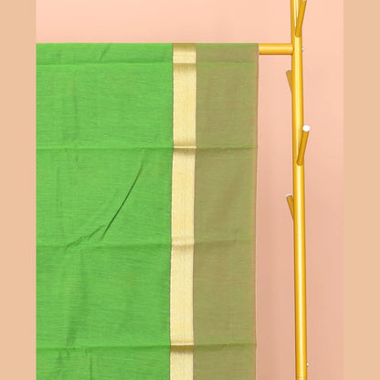 Pothys Green Semi-Silk Cotton Saree, Decked Up with Peacock Buttas All Over Its Body, Highlighted by a Zari Border, Pallu Artfully Woven with Peacock Designs, and Paired with a Contrast Blouse