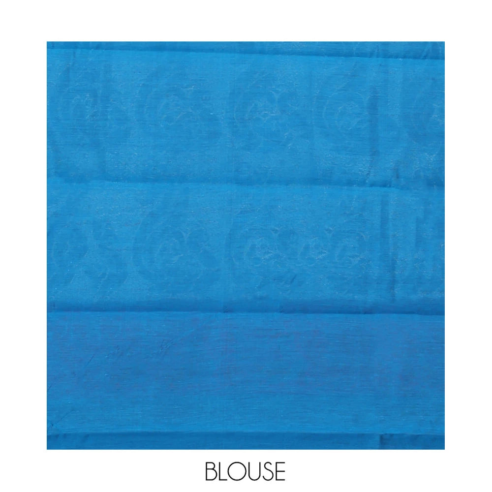 Pothys Blue Semi-Silk Cotton Saree, Adorned with Peacock Buttas All Over Its Body, Highlighted by a Self-Border of Peacocks, Pallu Steeped with Peacock Designs, and Paired with a Matching Blouse
