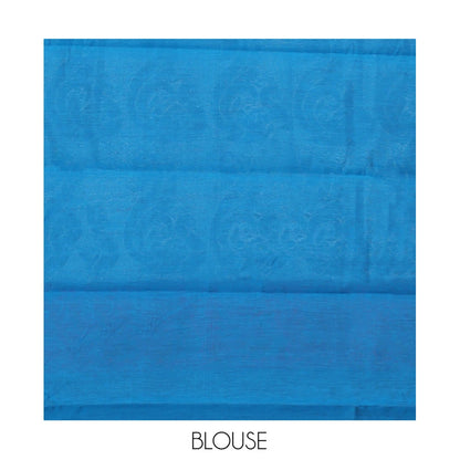 Pothys Blue Semi-Silk Cotton Saree, Adorned with Peacock Buttas All Over Its Body, Highlighted by a Self-Border of Peacocks, Pallu Steeped with Peacock Designs, and Paired with a Matching Blouse