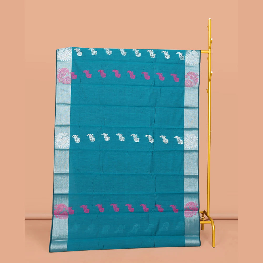 Pothys Blue Semi-Silk Cotton Saree, Beautified with Peacock Buttas All Over Its Body, Highlighted by a Zari Border of Peacocks, Pallu Woven with Peacock Designs, and Paired with a Matching Blouse