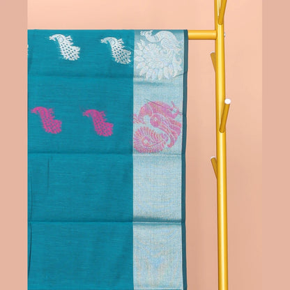 Pothys Blue Semi-Silk Cotton Saree, Beautified with Peacock Buttas All Over Its Body, Highlighted by a Zari Border of Peacocks, Pallu Woven with Peacock Designs, and Paired with a Matching Blouse