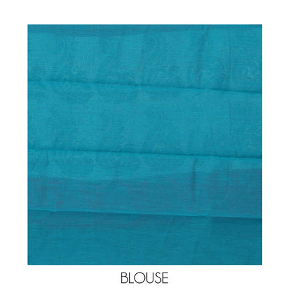 Pothys Blue Semi-Silk Cotton Saree, Beautified with Peacock Buttas All Over Its Body, Highlighted by a Zari Border of Peacocks, Pallu Woven with Peacock Designs, and Paired with a Matching Blouse