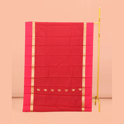 Pothys Red Semi-Silk Cotton Saree, Graced with Peacock Buttas All Over Its Body, Complemented by a Contrast Border of Peacock Designs, Pallu Steeped with Peacock Zari Design, and Paired with a Contrast Blouse
