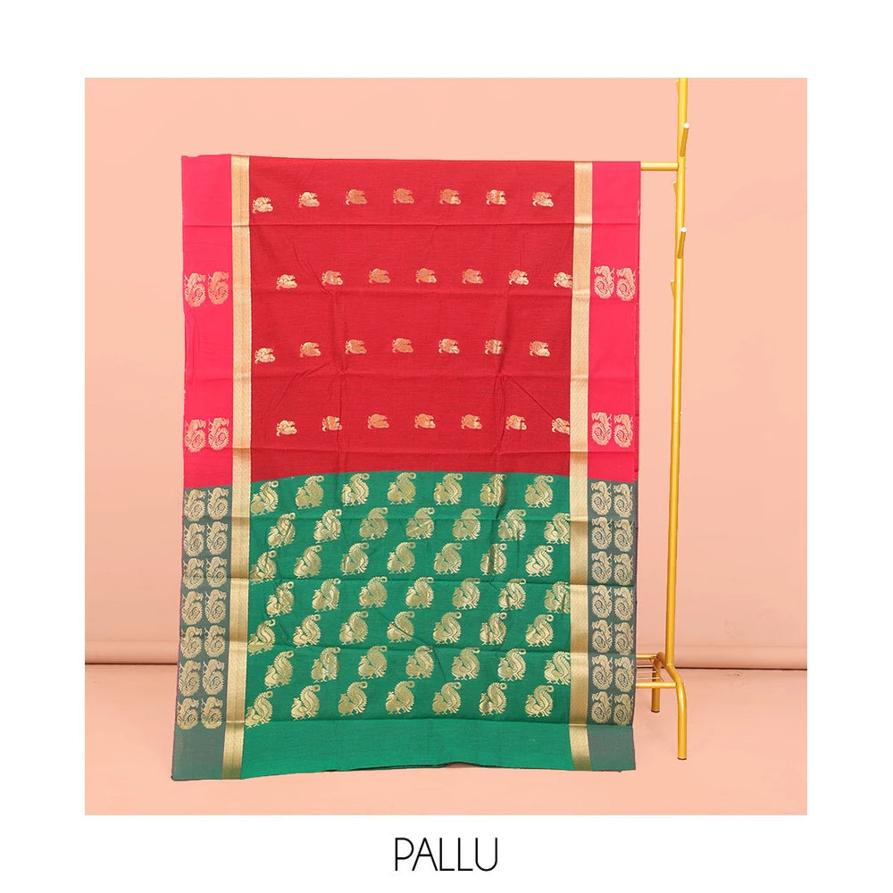 Pothys Red Semi-Silk Cotton Saree with Peacock Motifs