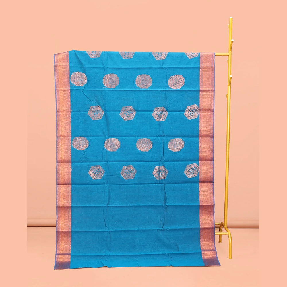 Pothys Blue Semi-Silk Cotton Saree, Decorated with Zari Buttas All Over Its Body, Highlighted by a Traditional Zari Border, Complemented by a Contrast Pallu of Geometric Designs, and Paired with a Contrast Blouse