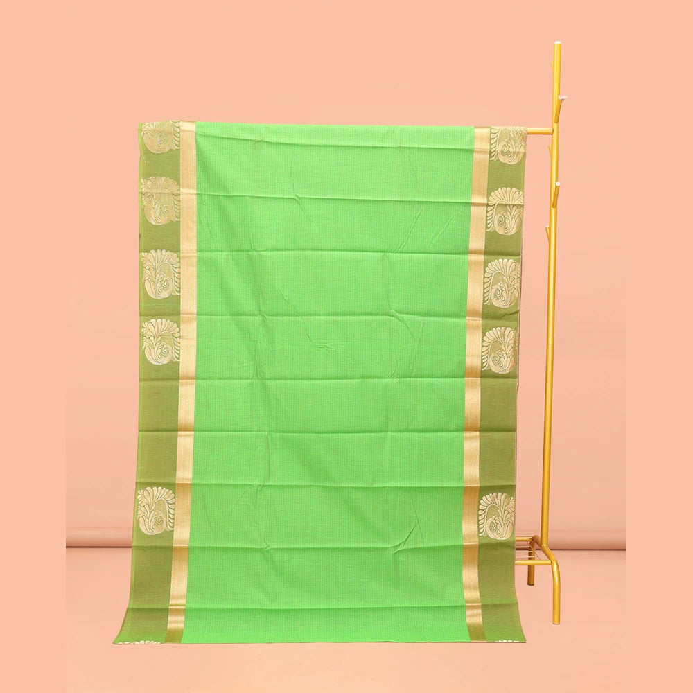 Pothys Green Semi-Silk Cotton Saree, Subtly Sparkled with Stripes All Over Its Body, Complemented by a Contrast Zari Buttas Woven Border, Pallu of Bird and Paisley Designs, and Paired with a Matching Blouse