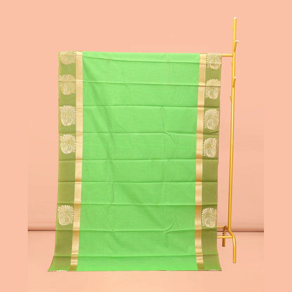 Pothys Green Semi-Silk Cotton Saree, Subtly Sparkled with Stripes All Over Its Body, Complemented by a Contrast Zari Buttas Woven Border, Pallu of Bird and Paisley Designs, and Paired with a Matching Blouse