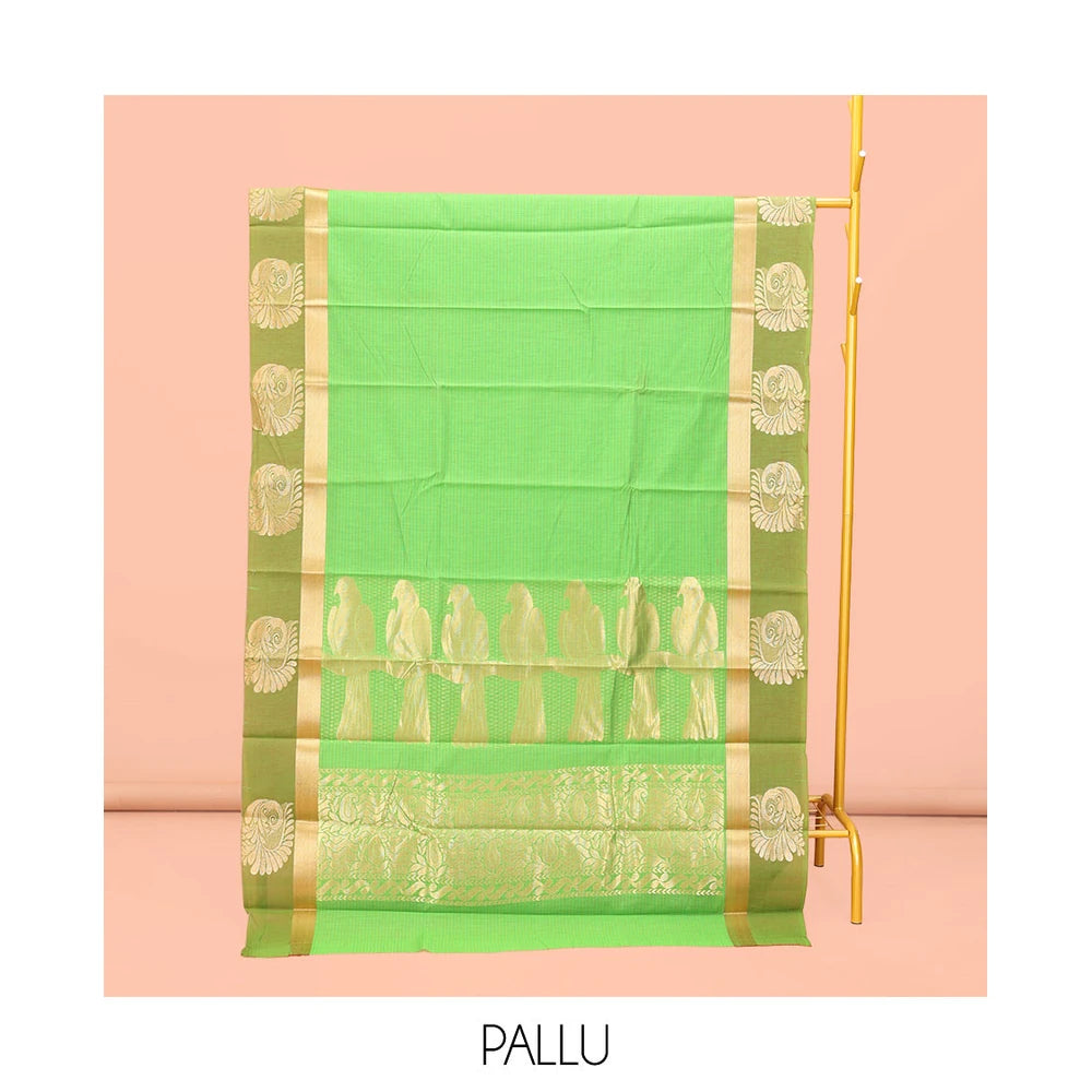 Pothys Green Semi-Silk Cotton Saree with Stripes & Zari Border