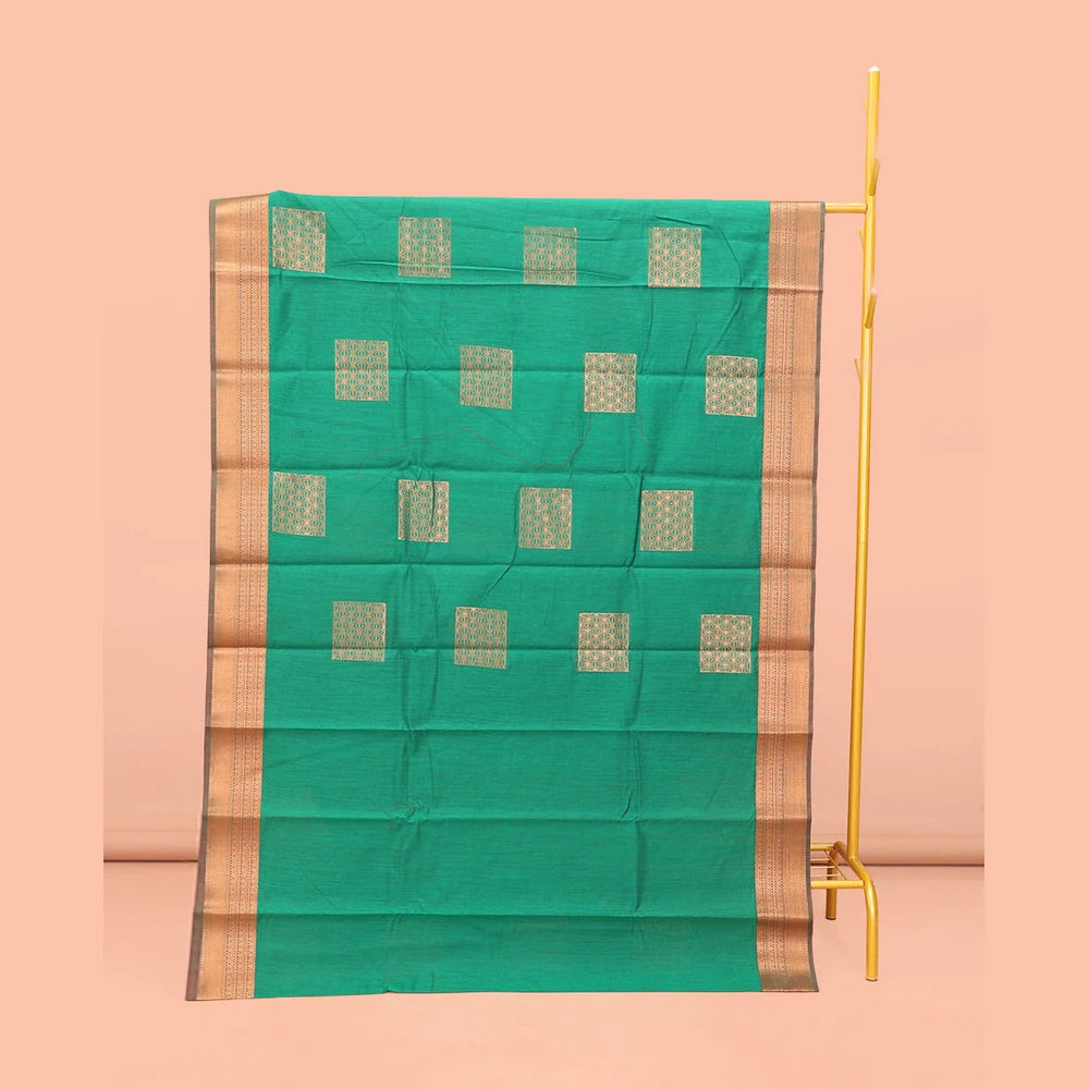 Pothys Green Semi-Silk Cotton Saree, Featuring Zari Buttas All Over Its Body, Complemented by a Contrast Traditional Zari Design Border, Pallu of Star Designs, and Paired with a Contrast Blouse