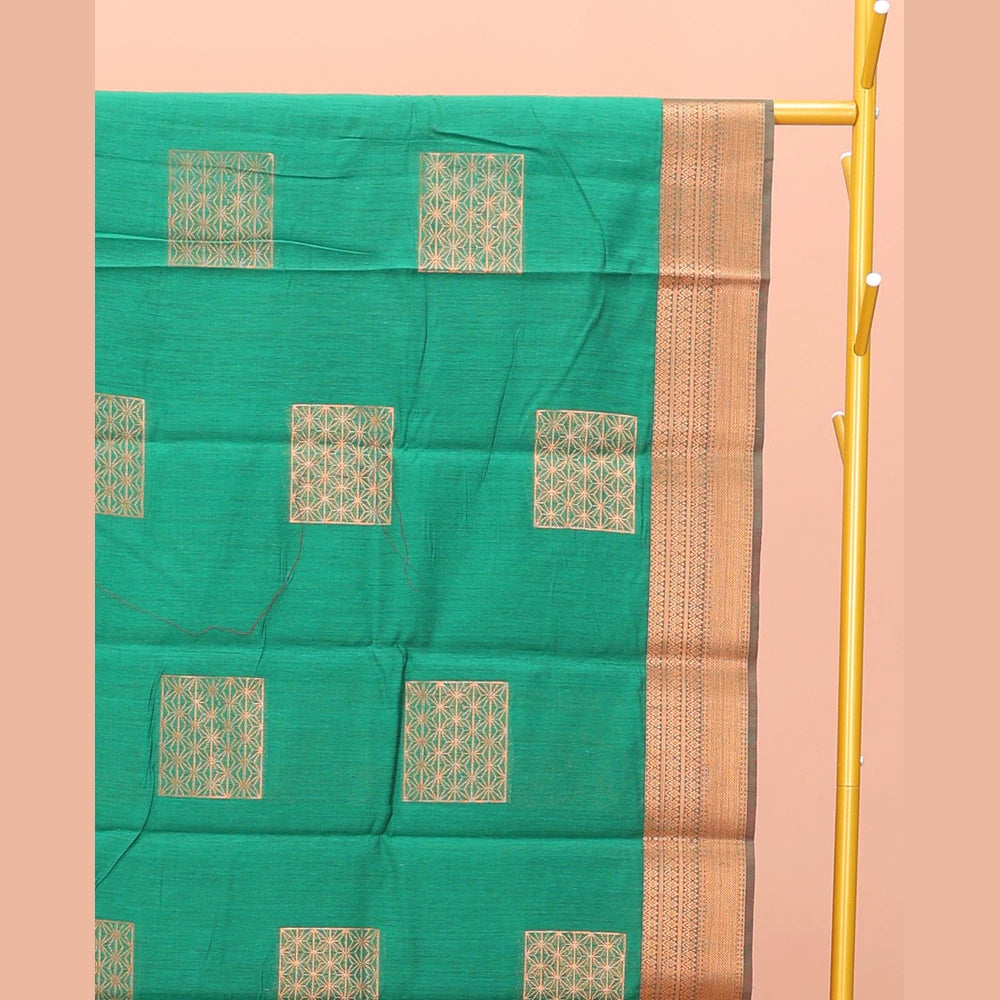 Pothys Green Semi-Silk Cotton Saree, Featuring Zari Buttas All Over Its Body, Complemented by a Contrast Traditional Zari Design Border, Pallu of Star Designs, and Paired with a Contrast Blouse