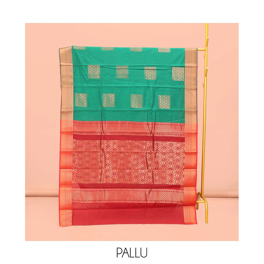Pothys Green Semi-Silk Cotton Saree, Featuring Zari Buttas All Over Its Body, Complemented by a Contrast Traditional Zari Design Border, Pallu of Star Designs, and Paired with a Contrast Blouse