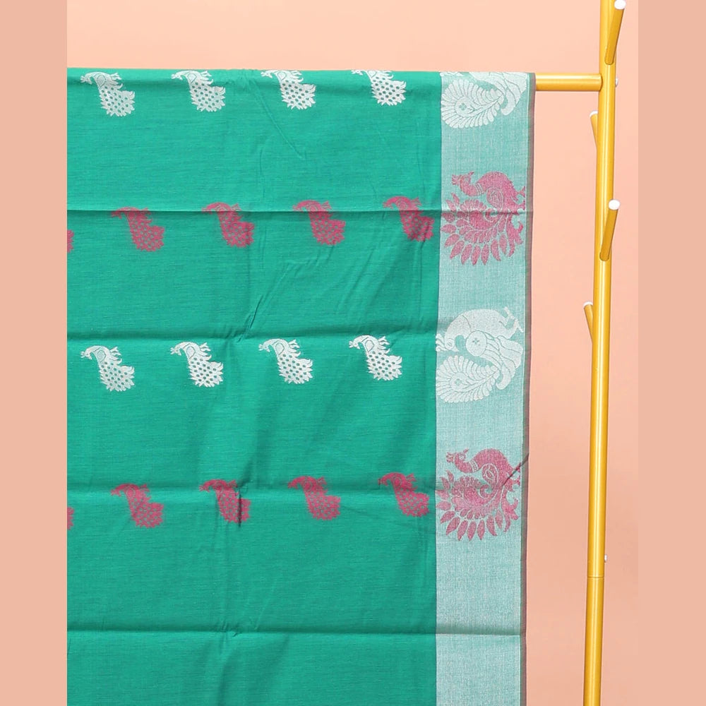 Pothys Green Semi-Silk Cotton Saree with Peacock Motifs