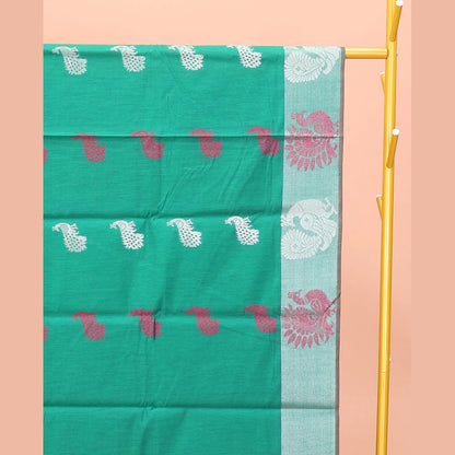 Pothys Green Semi-Silk Cotton Saree with Peacock Motifs