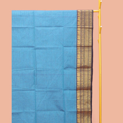 Pothys Blue Plain Chettinad Cotton Saree, Captivating by a Contrast Traditional Zari Design Woven Temple Border, Pallu of Stripes, and Paired with a Matching Blouse