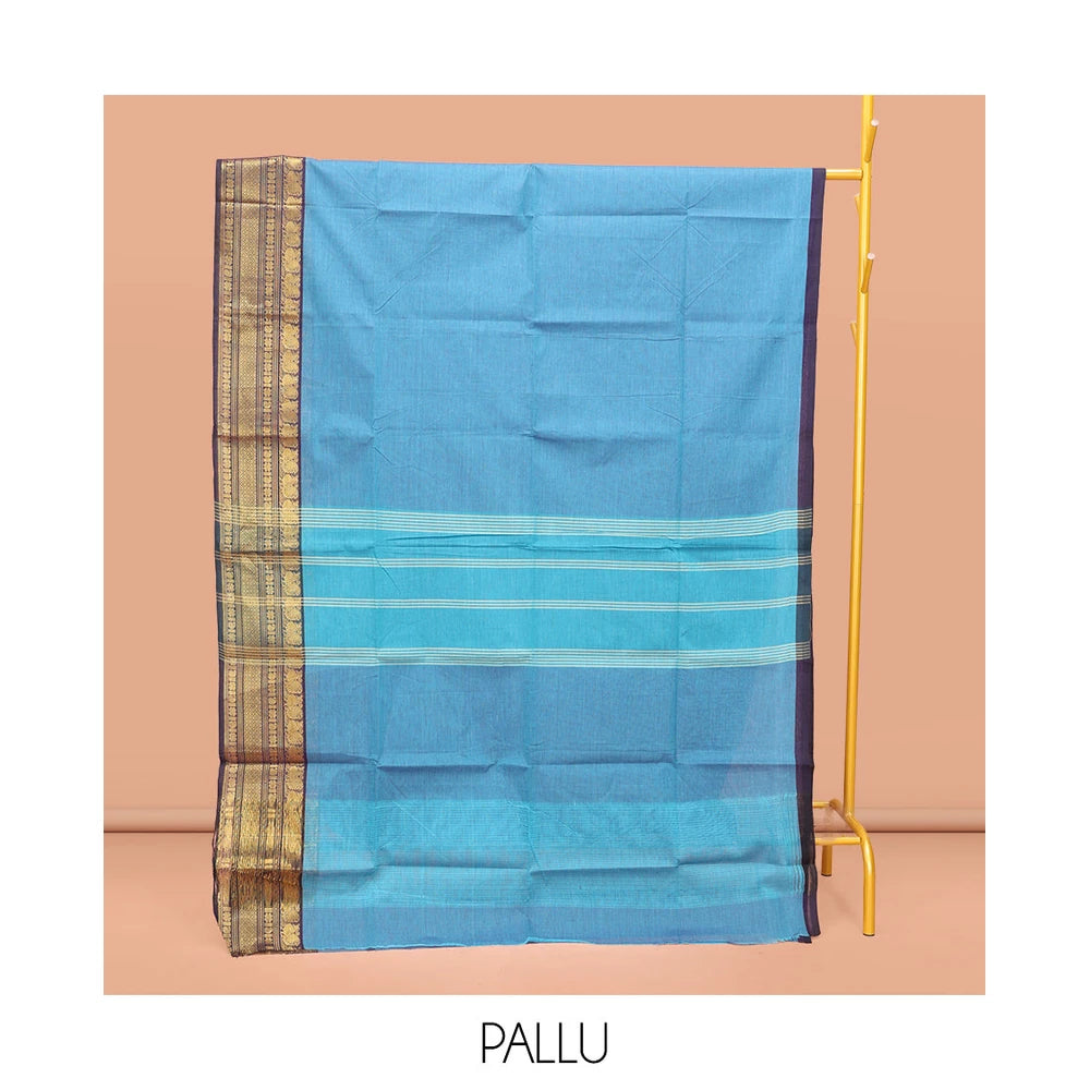 Pothys Blue Plain Chettinad Cotton Saree, Captivating by a Contrast Traditional Zari Design Woven Temple Border, Pallu of Stripes, and Paired with a Matching Blouse