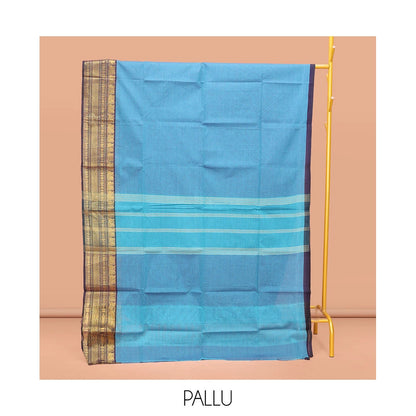 Pothys Blue Plain Chettinad Cotton Saree, Captivating by a Contrast Traditional Zari Design Woven Temple Border, Pallu of Stripes, and Paired with a Matching Blouse