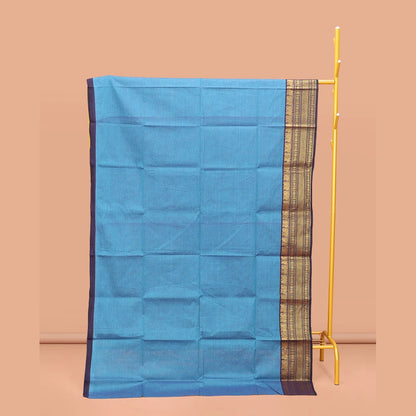 Pothys Blue Plain Chettinad Cotton Saree, Complemented by a Contrast Traditional Zari Design Border, Pallu of Stripes, and Paired with a Matching Blouse